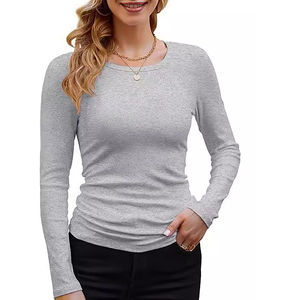 Haut à manches longues côtelé pour femme, coupe ajustée, col rond, tricot extensible, basique, décontracté, superposable, respirant - Product Image 6