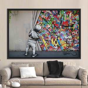 Banksy Boy Graffiti <b>Canvas</b> Art: Printed Design, Black <b>Frame</b>,BLACK FRAMED <b>CANVAS</b> - Product Image 1