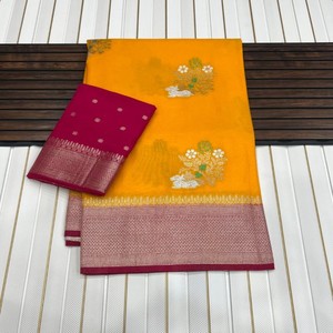 Sari VASTRA COTTAGE de Georgette Khadi Puro con Tejido Jacquard Zari Meena, Pallu Rico, Teñido a Mano, Borlas y Blusa - Product Image 6