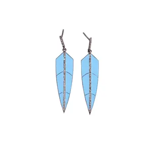 Arrowhead Sterling Silver Pave Diamond Turquoise Enamel Fashion <b>Earrings</b> 50x10MM Size - Product Image 1