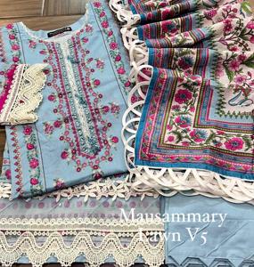 3Pc Stitch Lawn Digital Printed Lawn Shirt Dupatta With Four Side laçage & Stitch Fancy Style Trouser | Ssumaira Collection - Product Image 1