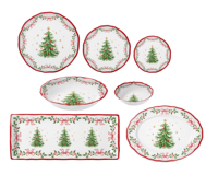 Assiette de Noël vintage en mélamine rouge à bord ondulé, motif sapin, nœud et houx, sans BPA, ronde, pour la décoration familiale des fêtes