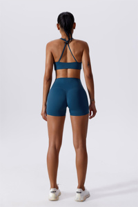 Short sculptant bleu foncé à séchage rapide et soutien-gorge de sport à bretelles avant torsadé décolleté plongeant femmes entraînement deux pièces ensemble pour les femmes - Product Image 3