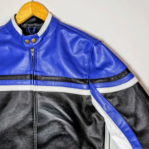 Retro Biker Style Blue Black White Leather Racing Motorbike Jacket CE-Certified Protections Motorcycle Riding Jacket For Men - Product Image 3
