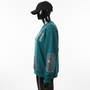 Sudadera de Mujer, Mezcla de Algodón Grueso, Color Verde Azulado, Panel de Mezclilla, Estampado de Diamantes de Imitación, Logotipo Personalizado, Sudaderas Transpirables para Mujer - Product Image 3