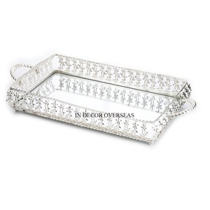 Bandeja de servicio de espejo de la mejor calidad con forma de rectángulo con marco y manijas de diseñador único de Metal chapado en oro de alta calidad de la India - Product Image 2