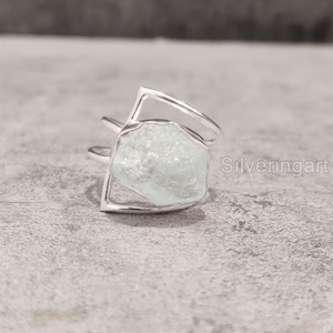 Joyería de piedra en bruto Anillo de mujer Aguamarina natural Piedra preciosa cruda Piedra natal de marzo Joyería de doble banda Anillo de plata esterlina 925 - Product Image 3