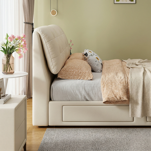 Cadre de <span class=keywords><strong>lit</strong></span> Queen Size sans bruit avec tiroirs, <span class=keywords><strong>lit</strong></span> plateforme moderne rembourré crème, meubles de chambre en bois - Product Image 4
