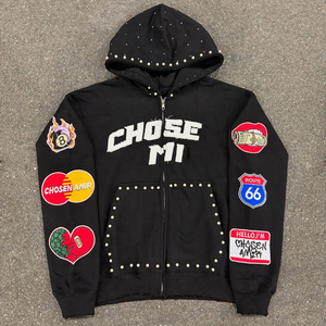 OEM personnalisé meilleure qualité strass sweat à capuche zippé avec broderie patch lourd 100% coton 450GSM sweat à capuche respirant zippé. - Product Image 3