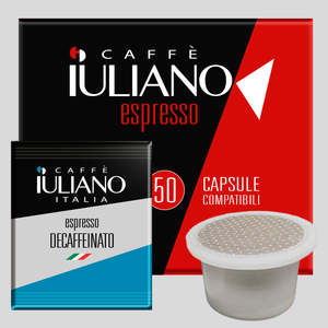 Capsules de café expresso décaféiné Caffe Iuliano, lot de 50, mélange Arabica Robusta, torréfaction douce, compatibles avec le système Uno - Product Image 1