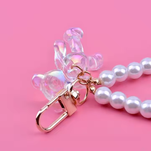 CALIENTE Perla Muñequera Llavero Correas de muñeca con oso Blanco Perla transparente Cuentas Llaveros Teléfono Bolsa Encanto Colgante Llavero Regalo - Product Image 4
