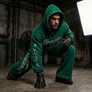 Conjunto de Sudadera con Capucha y Pantalones Deportivos con Gráficos de Diamantes de Imitación Verdes, Estilo Urbano, Dos Piezas, Venta al Por Mayor - Product Image 4