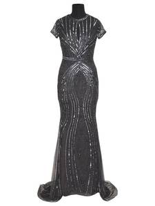 Sobre dames confortable robe de cocktail de soirée en maille poly noir brodé perles mi-longues perles pleine longueur demi-manches - Product Image 5