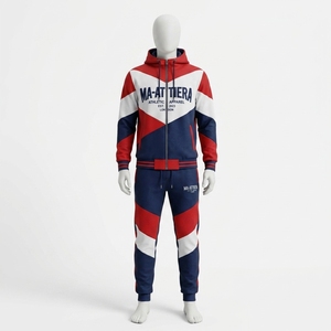 Conjunto Deportivo para Hombre, Sudadera con Capucha y Pantalones Jogger en Bloques de Color Rojo, Blanco y Azul Marino, Ropa Deportiva para Gimnasio, Entrenamiento, Running y Fitness - Product Image 1
