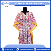 Meilleur Prix Kaftan Marocain Élégant en Voile de Coton Doux Imprimé à la Main Grande Taille Manches Courtes Coupe Droite Naturelle pour Adultes