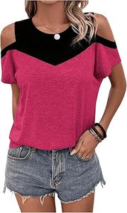 Camiseta de hombro frío para mujer Bloque de color Camisetas de manga corta con cuello redondo Tops de verano - Product Image 3