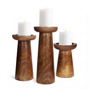 Dark Wooden Pillar <b>Candle</b> Holder Set With Rounded Bowl Top And Modern Linear <b>Carved</b> Design Unique - Product Image 4