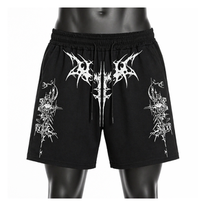Shorts décontractés pour hommes personnalisés, noirs, style streetwear, en coton molletonné, avec imprimé graphique gothique, taille élastique, OEM ODM - Product Image 1