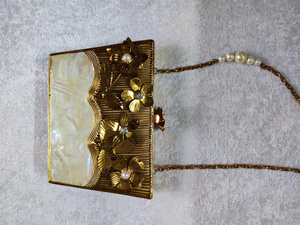 Luxury Mother of Pearl Clutch with <b>Gold</b> Floral Metal Embroidery Pearl Crystal Details Handmade Wedding <b>Evening</b> <b>Bag</b> Clutch - Product Image 2