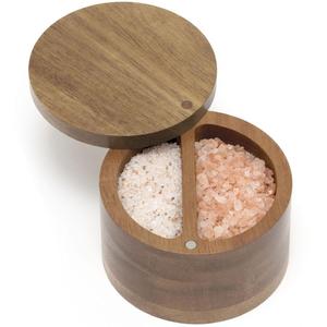 Kitchen <b>Spice</b> Condiment <b>Holder</b> Wooden <b>Spice</b> Box 2 Compartment Salt and Pepper Cellar Acacia Wood <b>Spice</b> Bowls BY HF CRAFTS - Product Image 3