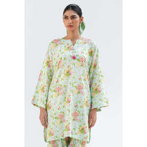 ชุดเซ็ตผ้าฝ้ายวิสโคสสีเขียวพิมพ์ลายสำหรับผู้หญิง ตกแต่งกระดุม ชุดสองชิ้นผ้าเครป ไซส์ XS/XS ใส่ได้ทุกวัน แขนสามส่วน - Product Image 4