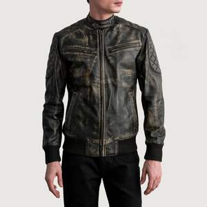 Blouson aviateur pour homme en cuir brun vieilli personnalisé, style urbain, décontracté, respirant, coupe-vent, col montant, logo frontal - Product Image 4