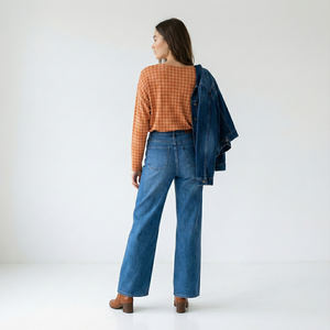 Casual Women's Round Neck <b>T</b>-<b>Shirt</b> with Houndstooth Pattern and Star Print Wool/Viscose Material Full Sleeve - Product Image 2