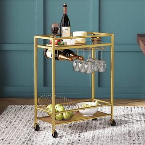 Luxury 2-Tier Metal Glass Rolling Bar Cart Wheeled Serving <b>Table</b> Kitchen Room Outdoor Mall-Catering Hotel Restaurant Helper - Product Image 4