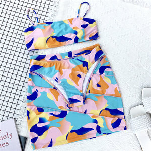 Traje de baño de 3 piezas de cintura alta con cuello bandeau, talla XL, transpirable, estampado digital, con cubierta de punto con letras y frutas - Product Image 5