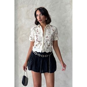 Blusa Elegante de Encaje Amarillo 100% Algodón para Mujer TOPSHOW, Cuello Clásico, Mangas Cortas, Tela Transpirable para Uso Casual y Diario - Product Image 6