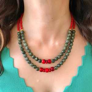 Collar de coral y Jade para mujer, piedras preciosas rojas y verdes con cuentas hechas a mano, joyería llamativa, Coral y jade - Product Image 3