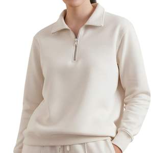 Women Quarter Zip Sweatshirt Polo Collar Pullover Fleece <b>Top</b> Heavyweight Streetwear Blank Gym Training Jumper Cream <b>White</b> - Product Image 1