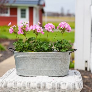 Jardinière de fleurs en métal galvanisé gris de forme ovale avec manche en bois pour les jardinières de décoration d'entrée et de jardin à la maison - Product Image 5