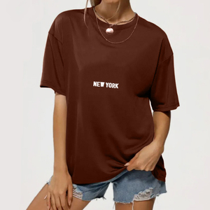 Camiseta con estampado de logotipo personalizado de algodón 100%, Camiseta holgada de verano con cuello redondo para mujer, alta calidad - Product Image 2