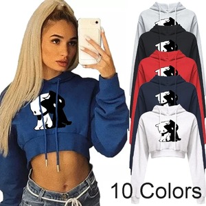 ผู้หญิงCrop Top HoodieลําลองแขนยาวHoodedสั้นเซ็กซี่พิมพ์Cropเสื้อกันหนาว 10 สีPullover Tops