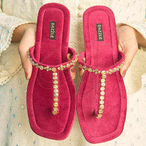 Unique Style Custom Made Women Kolhapuri Customizable Hot Pink Anti-Slippery Printed Velvet Upper Footwear - Product Image 5