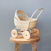 Panier à roulettes en rotin festonné pour enfants Panier à provisions en rotin écologique Poupée bébé Poussette faite à la main au Vietnam