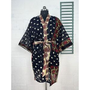 เสื้อคลุมวินเทจผ้าฝ้ายรีไซเคิลลายไท-ได สไตล์โบฮีเมียนสำหรับฤดูร้อน สีดำเบจ ลายพิมพ์เพสลีย์ ใช้คลุมชุดว่ายน้ำ - Product Image 1