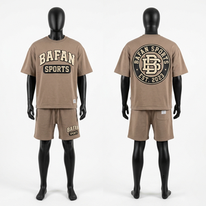 ชุดเสื้อยืดและกางเกงขาสั้นผู้ชาย ผ้าฝ้ายหนา 230 GSM สีน้ำเงินวินเทจ พิมพ์ลายกราฟิก ออกแบบโลโก้สกรีนเอง ชุด 2 ชิ้นสำหรับผู้ชาย - Product Image 6