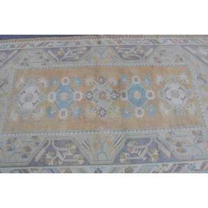 Tapis turc vintage en laine 3,7x6,3 pieds gris bleu patchwork avec envers en latex - Product Image 5