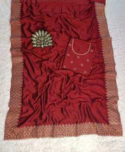 FANCY SEDA BORDADO HILO TRABAJO SAREE CON BLUSA SIN COSTAR VERDE - Product Image 4