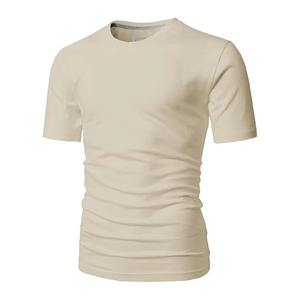 T-shirt en coton uni à manches courtes et col rond pour homme, coupe ajustée, jersey décontracté, teinture unie beige - Product Image 5