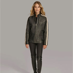 Chaqueta de piel de cordero de piel de oveja auténtica a la moda, chaquetas de motorista de alta calidad de estilo motorista a rayas laterales de cuero personalizado para Invierno para mujer - Product Image 1