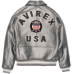Men's High Quality Winter Jacket Best Selling Silver Color <b>Stand</b> Collar Leather Avirex Jacket - Product Image 2