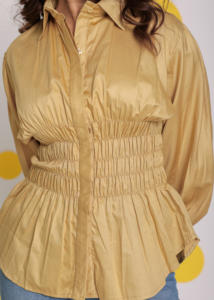 Haut en coton naturel 100% avec coupe unie, manches longues à col beige éclaté et bouton de taille-Dernière conception, style doux - Product Image 4