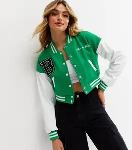 Индивидуальная женская укороченная зеленая белая куртка Varsity OEM кожаные рукава Вышивка Бейсбол lettermen спортивная одежда