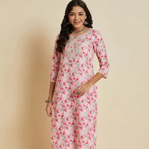 Indische Baumwolle Kurta für Damen niedriger Preis ethnische Kleidung Fabrik Großhandel Damen blumendruck kunstvolle Arbeit Kurta-Hose-Sets Großhandel