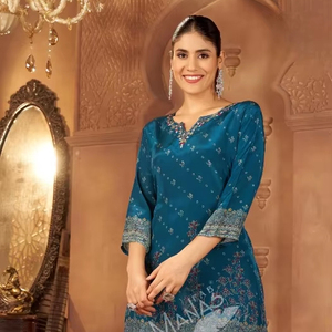 ชุดคุर्ติแบบพลาซโซ่หรูหราสไตล์ชาติพันธุ์ พร้อมผ้าคลุมไหล่ ผ้าซานตูนเนื้อหนา ผ้าชีฟองด้านใน ไม่ยับง่าย สำหรับผู้หญิง สวมใส่ในเทศกาลหรือในชีวิตประจำวัน - Product Image 2