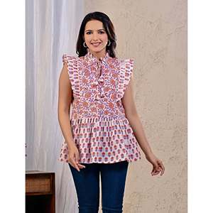 Top de Algodón Estampado Blanco y Naranja con Característica Transpirable - Product Image 1
