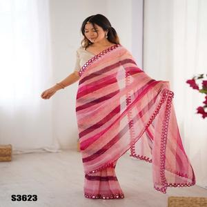 Look élégant Festival Wear couleur incroyable excellente mousseline de soie de haute et meilleure qualité Leheriya imprimé avec des saris de travail coupés en miroir - Product Image 1